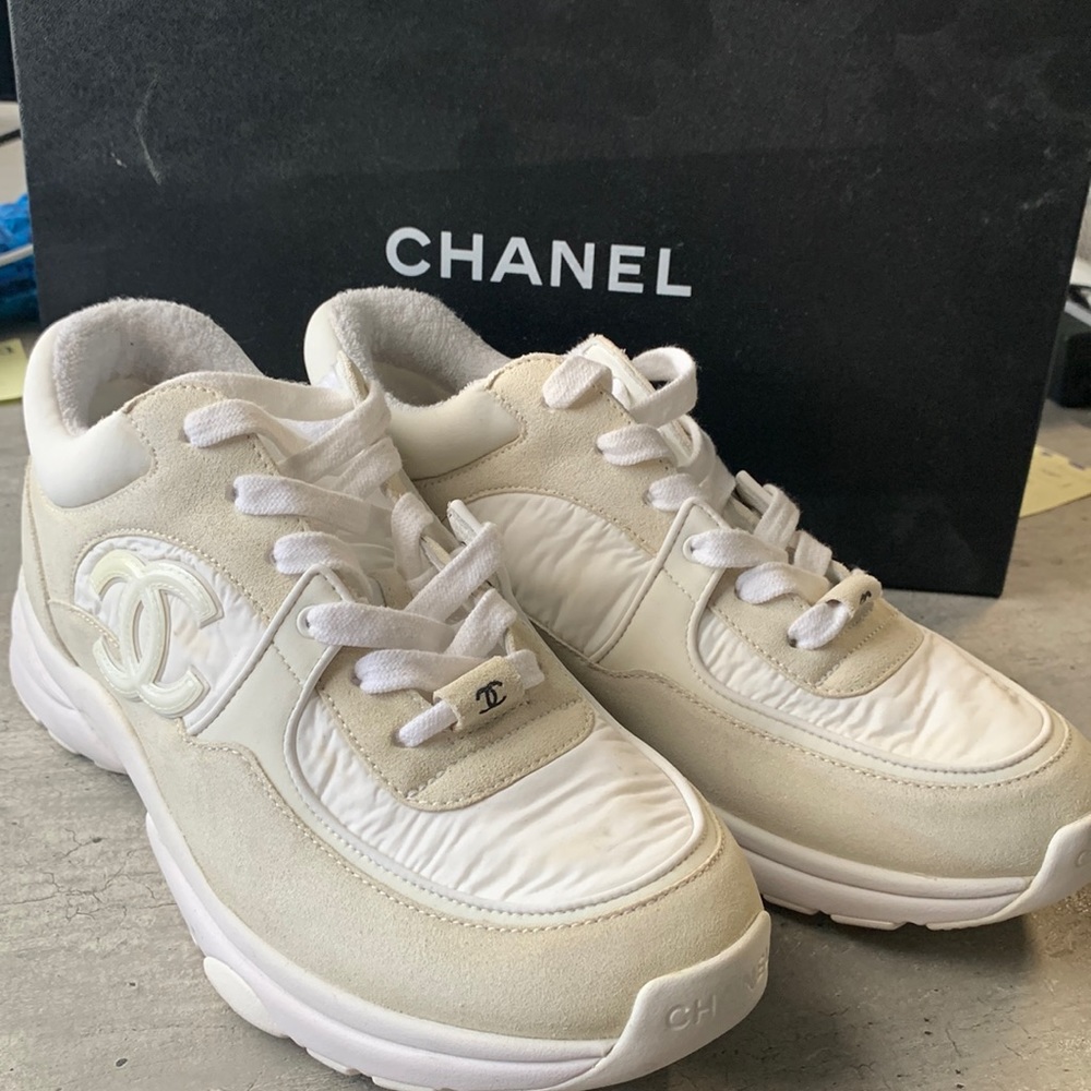 Chanel CC Off White Fabric Sneakers Good Condition w Box Sz 37.5